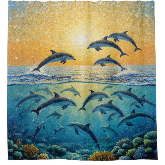 日の入りイルカシャワーカーテン シャワーカーテン (正面)