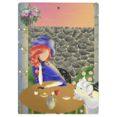 日の入りカフェの可愛い犬と女性 クリップボード (裏面)