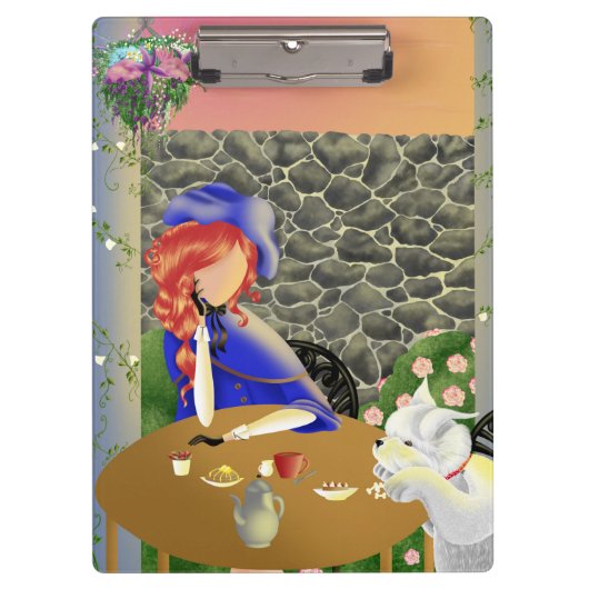 日の入りカフェの可愛い犬と女性 クリップボード (正面)
