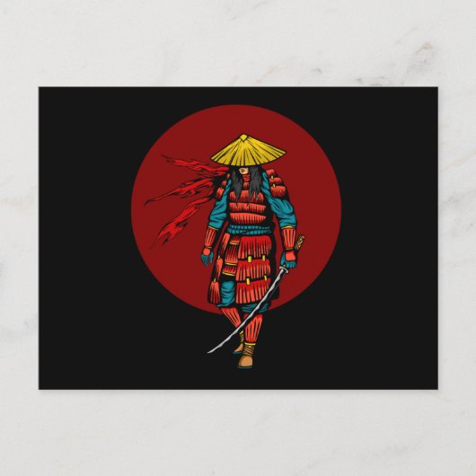 日の入りサムライ武士刀を持つ武士 ポストカード (正面)