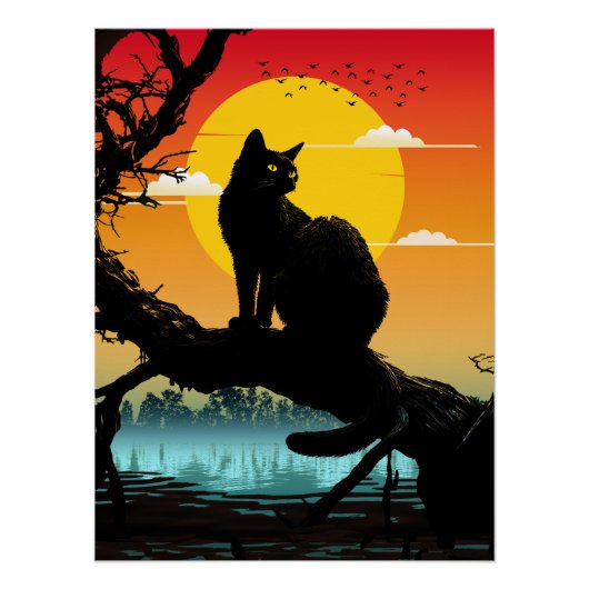 日の入りシルエット猫と木 ポスター (正面)