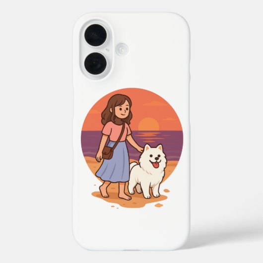 日の入りビーチで愛犬と散歩するキュートなドッグママ Case-Mate iPhoneケース (裏面)