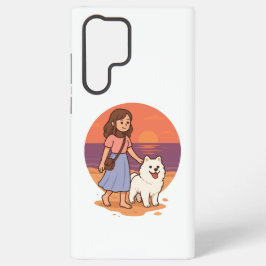日の入りビーチで愛犬と散歩するキュートなドッグママ SAMSUNG GALAXY S22 ULTRAケース