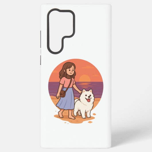 日の入りビーチで愛犬と散歩するキュートなドッグママ SAMSUNG GALAXYケース (裏面)