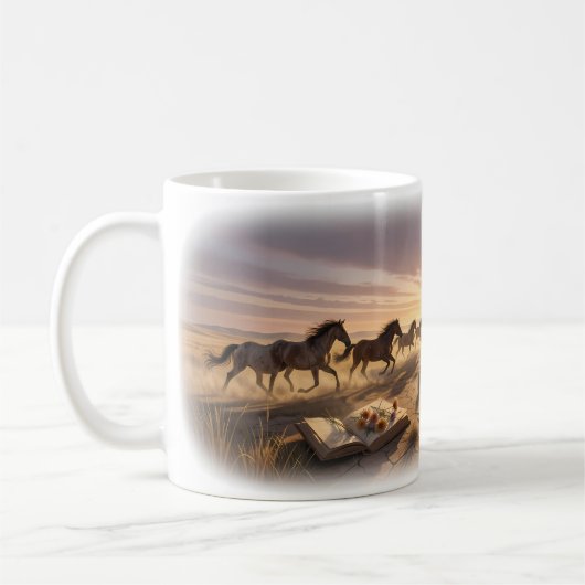 日の入りプレーリーの野生馬の思い出のマグ コーヒーマグカップ (左)