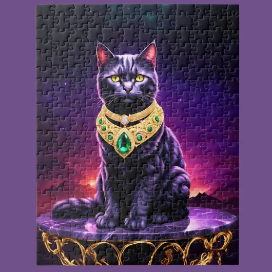 日の入り時に緑の宝石をつけた黒猫 ジグソーパズル