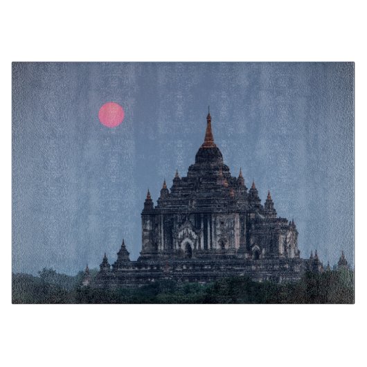 日の入り時の仏教寺院 カッティングボード (正面)