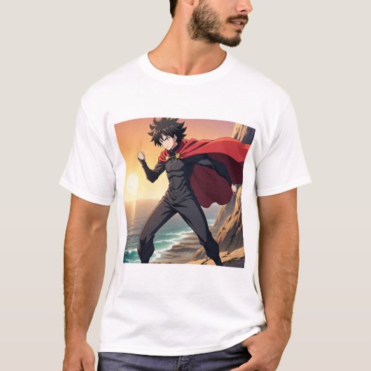 日の入り時の壮大なアニメの英雄 - 強力な戦士と Tシャツ (正面)
