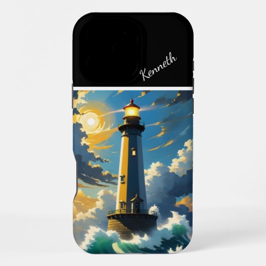 日の入り時の海岸の灯台 iPhoneケース (裏面)