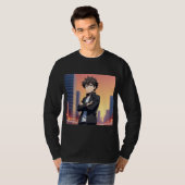 日の入り時の街に立つ自信に満ちたアニメ少年 – デジタルアート Tシャツ (正面フル)