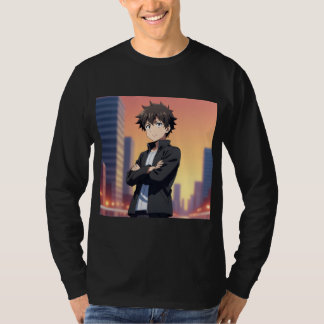 日の入り時の街に立つ自信に満ちたアニメ少年 – デジタルアート Tシャツ
