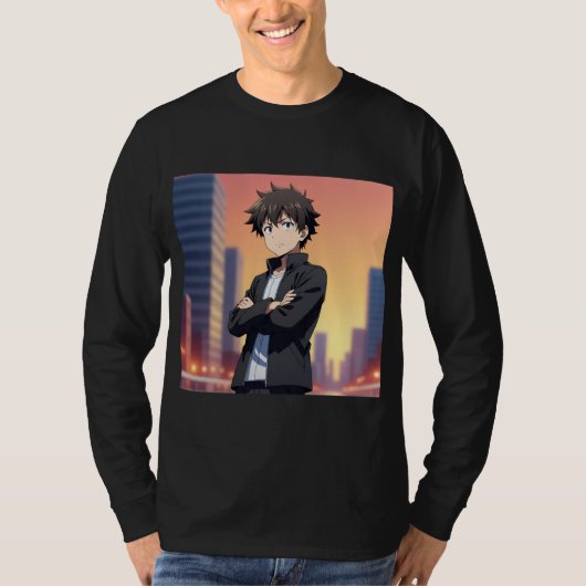 日の入り時の街に立つ自信に満ちたアニメ少年 – デジタルアート Tシャツ (正面)