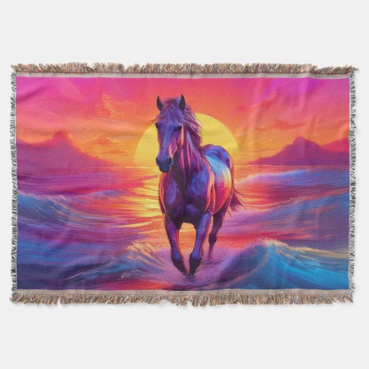 日の入り時の馬の壮麗なアートワーク スローブランケット (正面)