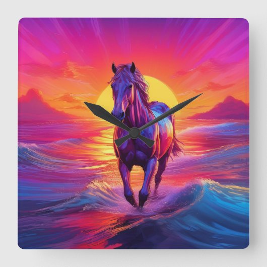 日の入り時の馬の驚くべきアート スクエア壁時計 (正面)