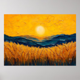 日の入り時の黄金の麦畑、油絵スタイルの絵画 ポスター