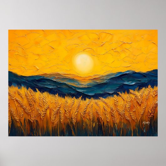 日の入り時の黄金の麦畑、油絵スタイルの絵画 ポスター (正面)
