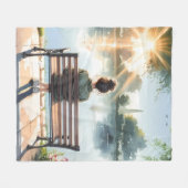 日の入り湖の風景 フリースブランケット (正面(横))