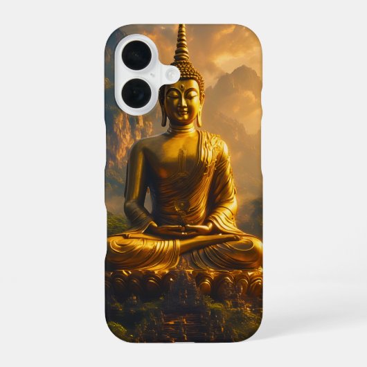 日の入り空の下に佇む輝く坐禅仏 iPhone 16ケース (裏面)