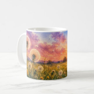 日の入り草原の水彩タンポポの風景 コーヒーマグカップ