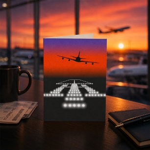 日の入り飛行機アプローチ滑走路灯航空 カード
