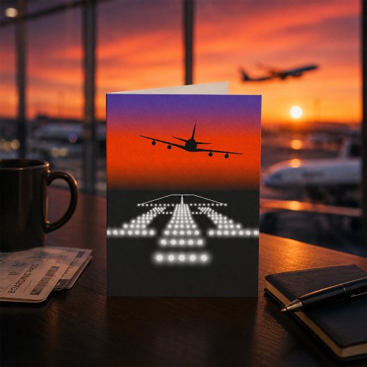 日の入り飛行機アプローチ滑走路灯航空 カード