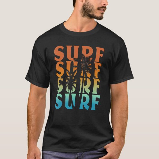 日の入り サーフィン ヤシの木 涼しい ビーチ バケーション サーフィン Tシャツ (正面)