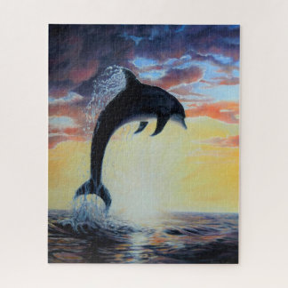 日の入り/日の出で海から飛び出すイルカ ジグソーパズル