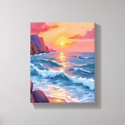 日の入り 海の波 ビーチ 水彩画 キャンバスプリント (正面)