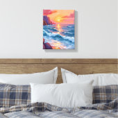 日の入り 海の波 ビーチ 水彩画 キャンバスプリント (インサイチュ (寝室))