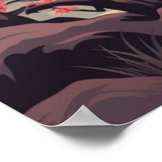 日の出でコウノトリ湖と桜の木 ポスター (角)