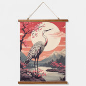 日の出でコウノトリ湖と桜の木 吊り下げ型タペストリー (正面)