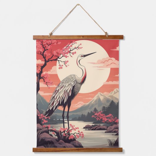 日の出でコウノトリ湖と桜の木 吊り下げ型タペストリー (正面)