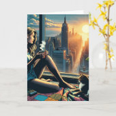 日の出でコーヒーを飲む女性|過去記事 カード (黄色い花)