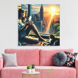 日の出でコーヒーを飲む女性|過去記事 キャンバスプリント