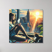 日の出でコーヒーを飲む女性|過去記事 キャンバスプリント (正面)