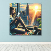 日の出でコーヒーを飲む女性|過去記事 キャンバスプリント (インサイチュ (ウッドフロア))