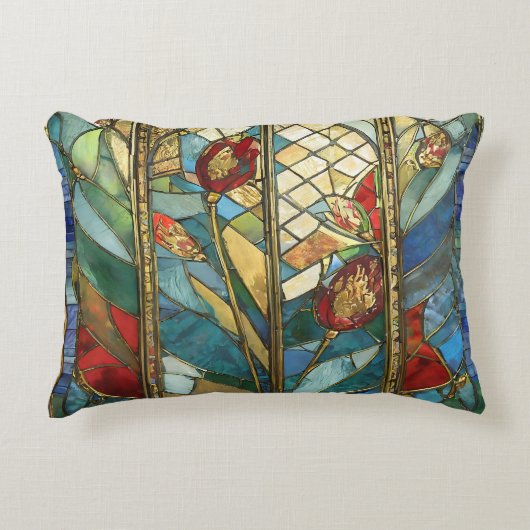 日の出でステンドグラス赤いチーフポピー アクセントクッション (正面)