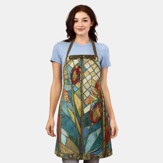 日の出でステンドグラス赤いチーフポピー エプロン (着用した状態)