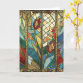 日の出でステンドグラス赤いチーフポピー カード (黄色い花)