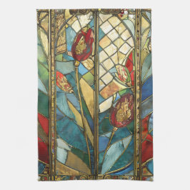 日の出でステンドグラス赤いチーフポピー キッチンタオル