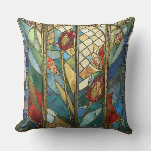 日の出でステンドグラス赤いチーフポピー クッション (正面)