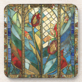 日の出でステンドグラス赤いチーフポピー コースター