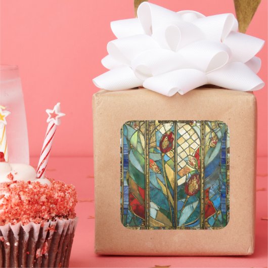 日の出でステンドグラス赤いチーフポピー スクエアシール (パーティー)