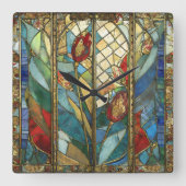 日の出でステンドグラス赤いチーフポピー スクエア壁時計 (正面)