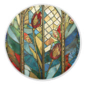 日の出でステンドグラス赤いチーフポピー セラミックノブ (正面)