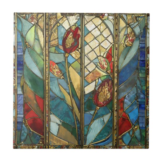 日の出でステンドグラス赤いチーフポピー タイル (正面)