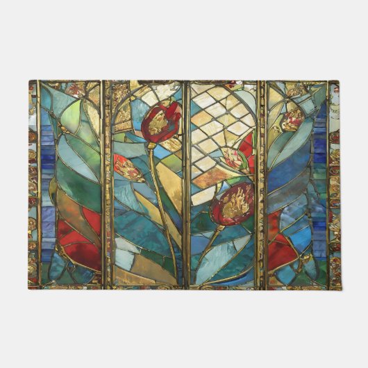 日の出でステンドグラス赤いチーフポピー ドアマット (正面)