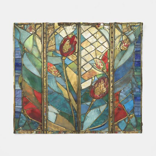 日の出でステンドグラス赤いチーフポピー フリースブランケット (正面(横))