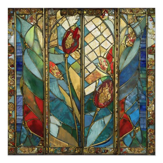 日の出でステンドグラス赤いチーフポピー ポスター (正面)