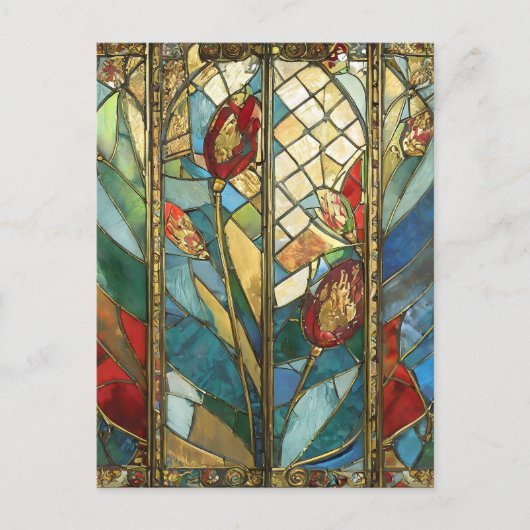日の出でステンドグラス赤いチーフポピー ポストカード (正面)